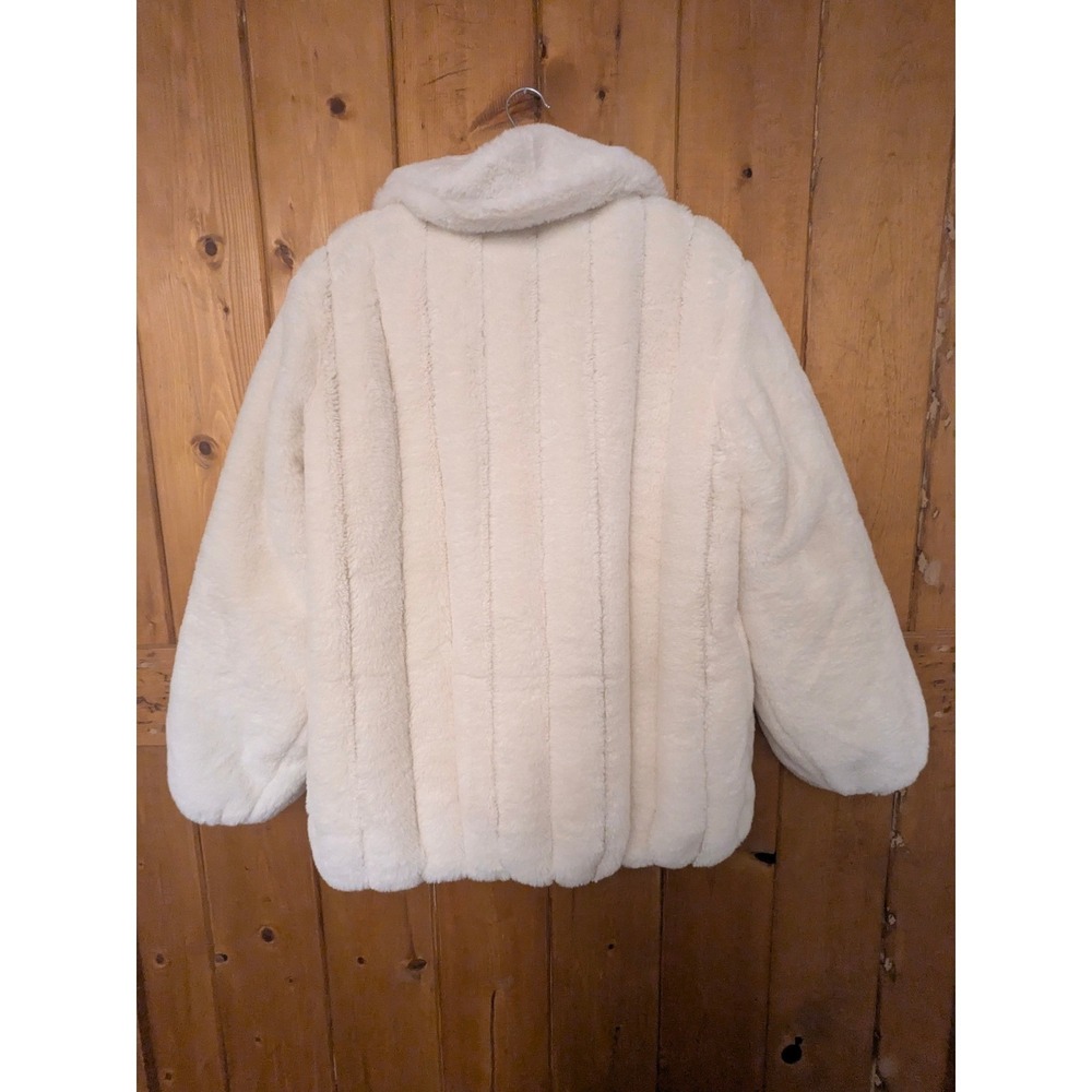 Cream Faux Fur Ribbed Jacket Ivory Shawl Collar Plush Winter Coat Women Large - Picture 3 of 5